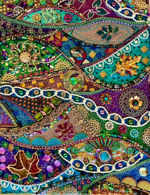 Psychedelic Sunsett.  Tapestry - 11”x14” fabric, beads, chain, jewels, paper, tiles.  NFS
